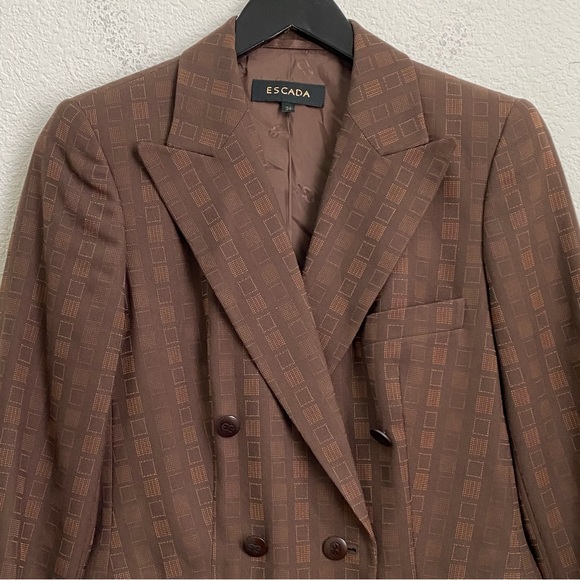 Rare Vintage ESCADA Wool Blend Double Breasted Square Print Brown Blazer Size 34 - Picture 10 of 16
